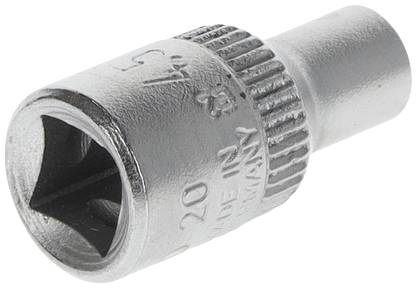 Nasadka sześciokątna o prążkowanej powierzchni, metalowa, z kwadratowym otworem, przystosowana do klucza lub grzechotki.