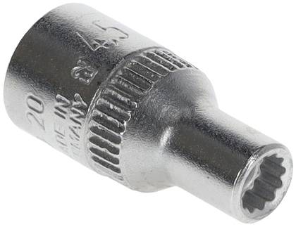 Srebrny adapter do klucza dynamometrycznego z żebrowaną powierzchnią i wygrawerowanymi cyframi.