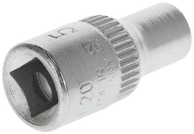 Srebrny klucz nasadowy z kwadratowym otworem i żłobionym uchwytem, przeznaczony do kluczy nasadowych, wykazuje niewielkie ślady użytkowania.