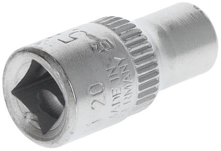 Srebrny sześciokątny nasadka z karbowanym uchwytem i wygrawerowanym rozmiarem.