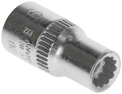 Klucz metalowy z otworem 12-kątnym i napisem 'Made in Germany'. Odpowiedni do prac domowych lub narzędzi samochodowych.