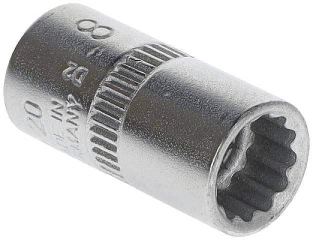 Metalowa wielozębna nakrętka, w kolorze srebrnym, z wygrawerowanymi oznaczeniami, stosowana do nakrętek o specjalnych profilach.