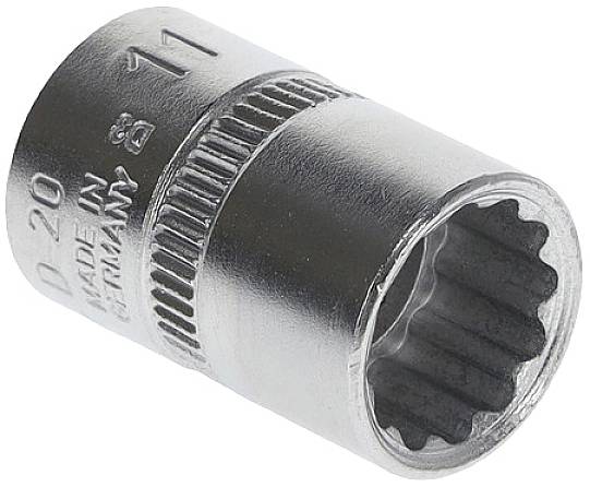 Klucz metalowy o rozmiarze 11 mm, z żebrowaną krawędzią dla lepszego chwytu.