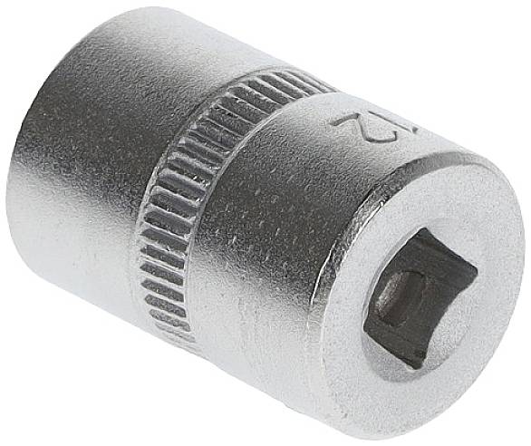 Metalowa nakrętka sześciokątna z rowkowaną powierzchnią i kwadratowym otworem montażowym, stosowana w zestawach narzędziowych.