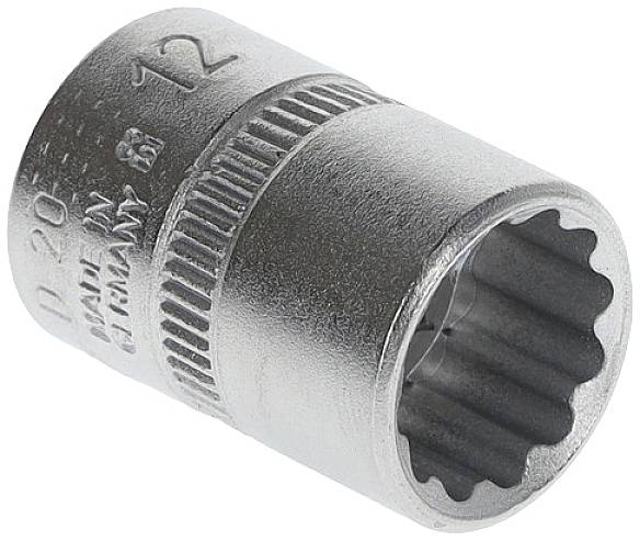 Metalowa nasadka sześcienna, dwunastokątna, z wygrawerowanym oznaczeniem rozmiaru, przeznaczona do użycia z zestawem kluczy nasadowych.