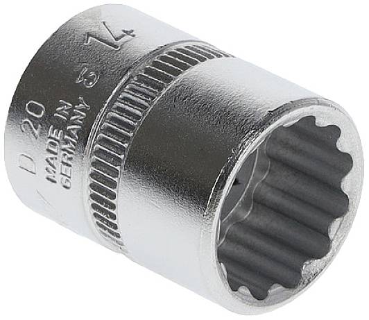 Srebrny wielowrzecionowy klucz nasadowy z napisem 'Made in Germany'. Jest wykonany z metalu, ma kształt cylindryczny i służy do prac ślusarskich.