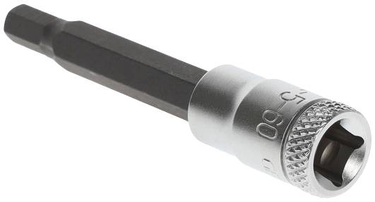 Klucz nasadowy z sześciokątnym chwytem, odpowiedni do dokręcania lub odkręcania śrub i nakrętek, w kolorze srebrno-metalicznym.