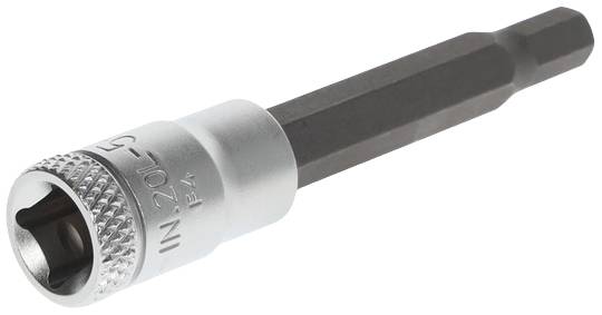 Sześciokątny bit z nasadką do użytku narzędziowego. Metalowa powierzchnia, prosty kształt.