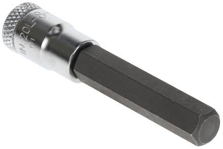 Sześciokątny uchwyt bitowy wykonany z metalu, przeznaczony do wkręcania lub odkręcania śrub w powierzchniach metalowych.