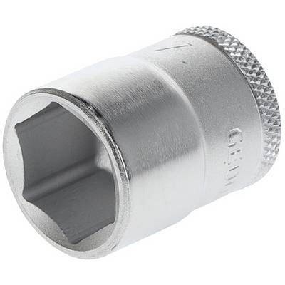 Metalowy klucz nasadowy z karbowaną krawędzią i sześciokątnym otworem, używany do prac śrubowych przy pomocy klucza nasadowego.