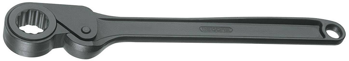 Czarny klucz dynamometryczny z długą rączką i uzębionym otworem. Odpowiedni do dokręcania lub odkręcania połączeń śrubowych.