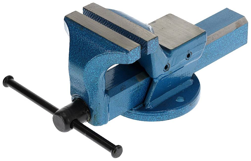 Niebieski metalowy imadło widziane z boku.