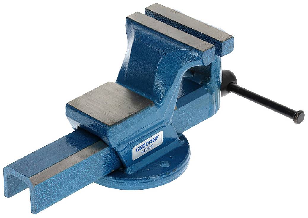 Niebieski imadło ze srebrnymi szczękami, zamontowane na obrotowej podstawie; narzędzie służące do bezpiecznego mocowania elementów obrabianych.