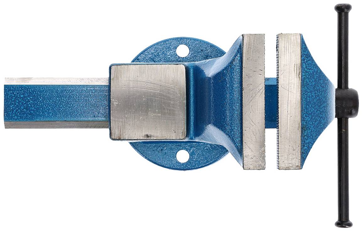 Metalowo-niebieska ściskacz śrubowy z srebrnymi szczękami i czarną rękojeścią.