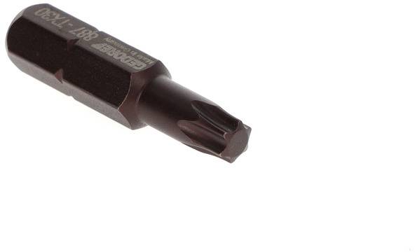 Pojedyncza końcówka śrubokręta Torx wykonana z metalu, w kolorze brązowym, zakończona sześcioramiennym grotem; używana do wkręcania śrub Torx.