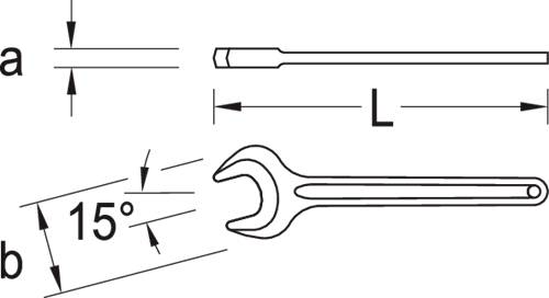 Diagram pokazujący klucz otwarty z nachyloną głowicą pod kątem 15 stopni. Wymiary oznaczone jako 'a', 'b' i 'L' wskazują różne pomiary.