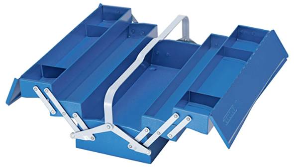 Niebieski metalowy skrzyneczek narzędziowy z wieloma przegródkami i centralnym uchwytem, zaprojektowany do efektywnego organizowania i transportu narzędzi.