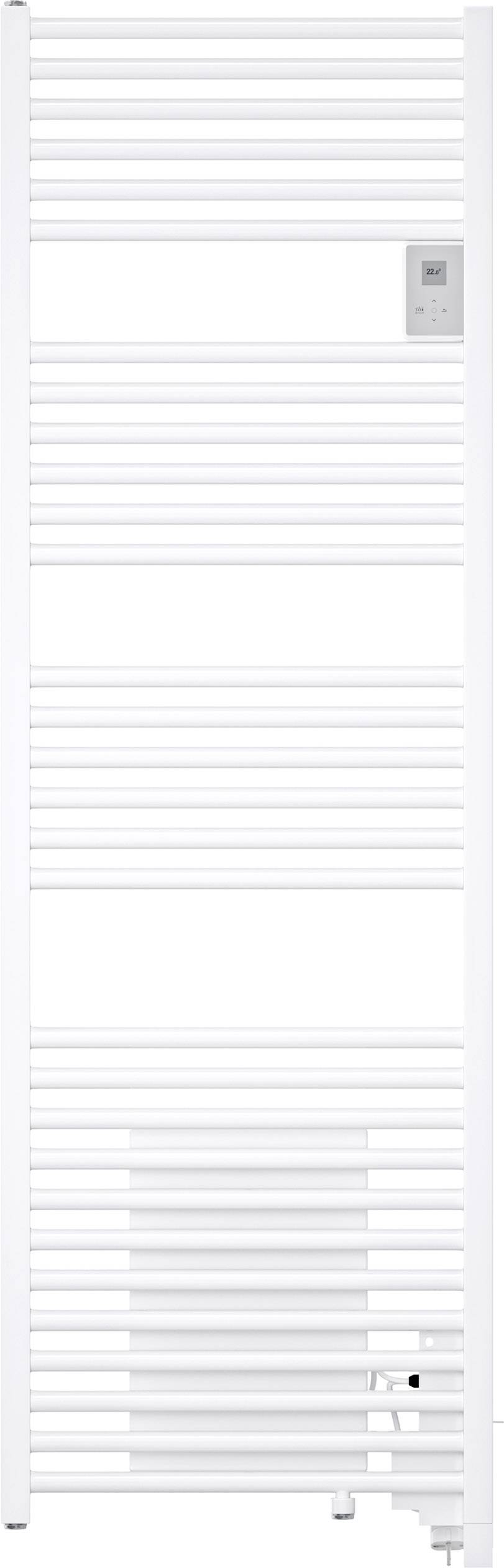 Biały grzejnik ręcznikowy zamontowany na ścianie, z pionowo ułożonymi rurkami grzewczymi, dolna część z bezpośrednim podłączeniem i panelem sterowania w górnym prawym rogu.