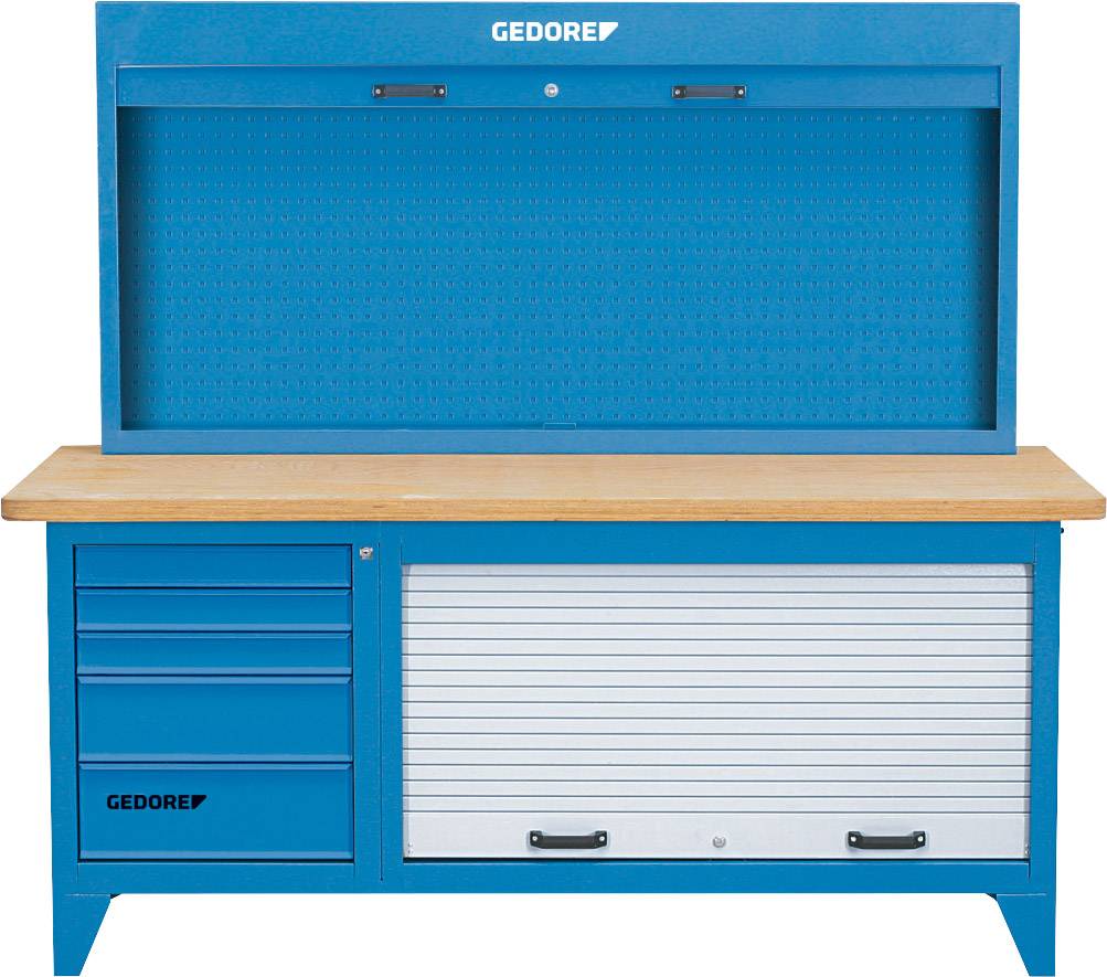 Niebieskie biurko warsztatowe z drewnianym blatem, po lewej stronie trzy szuflady, po prawej zamykana szafa z roletą, nad nią perforowana ścianka tylna.