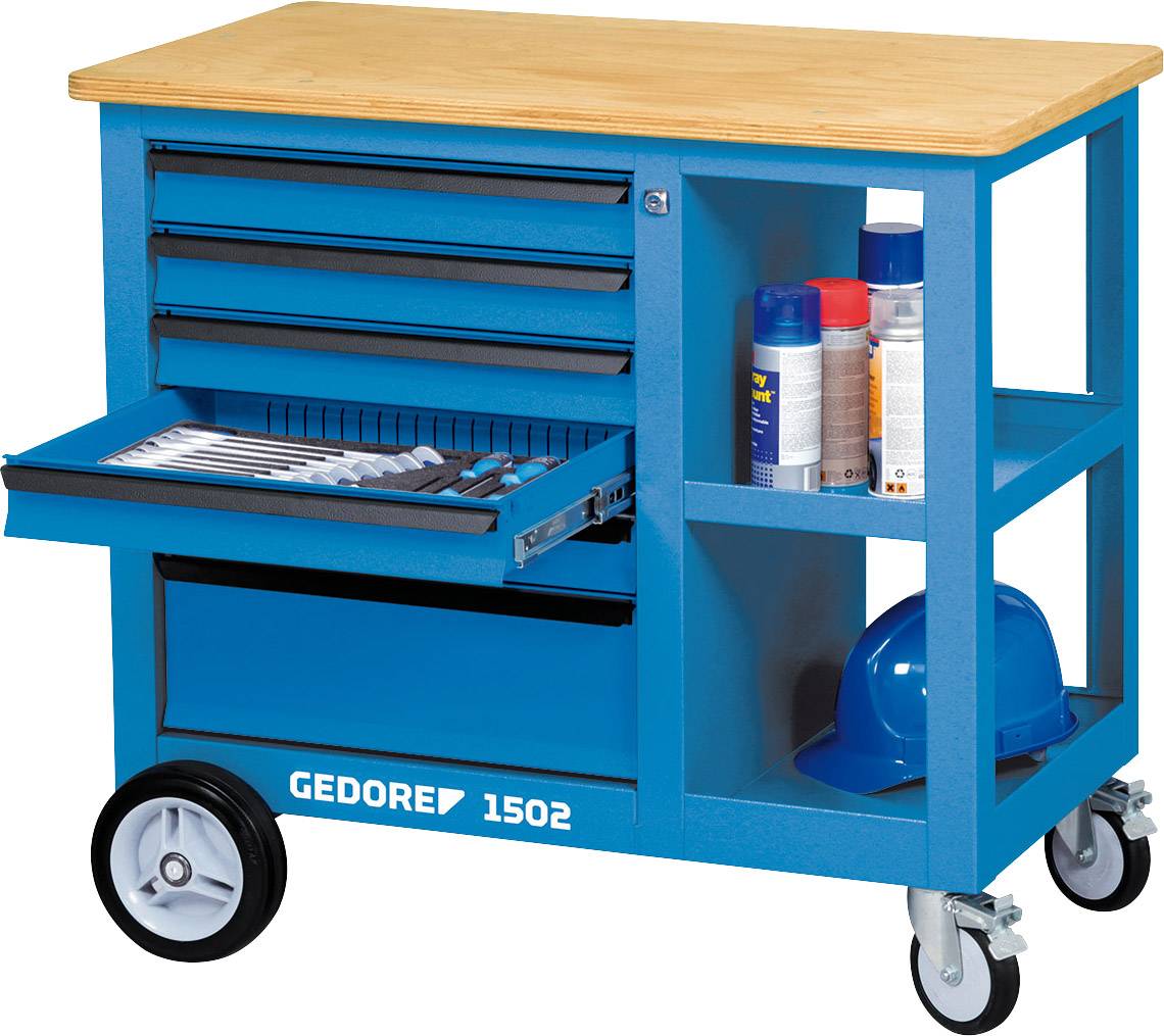 Niebieski wózek warsztatowy z czterema szufladami i otwartą przestrzenią, w której znajdują się puszki ze sprejem i kask. Jedna z szuflad jest otwarta i prezentuje narzędzia.