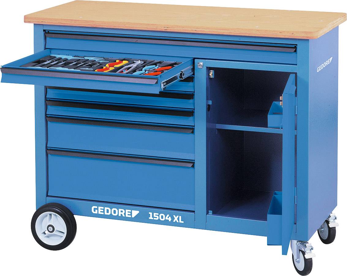 Niebieski wózek warsztatowy z drewnianym blatem, z otwartą szufladą pełną narzędzi i otwartą przestrzenią, zamontowany na kółkach dla zapewnienia mobilności.