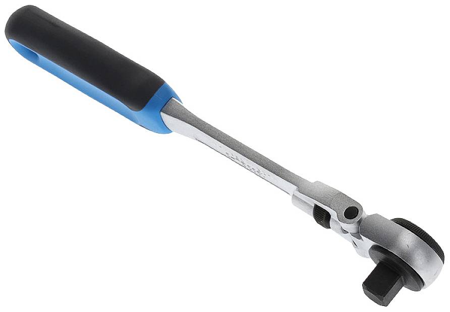 Klucz grzechotka z czarną i niebieską rękojeścią, używany do dokręcania lub poluzowywania śrub za pomocą mechanizmu zapadkowego.