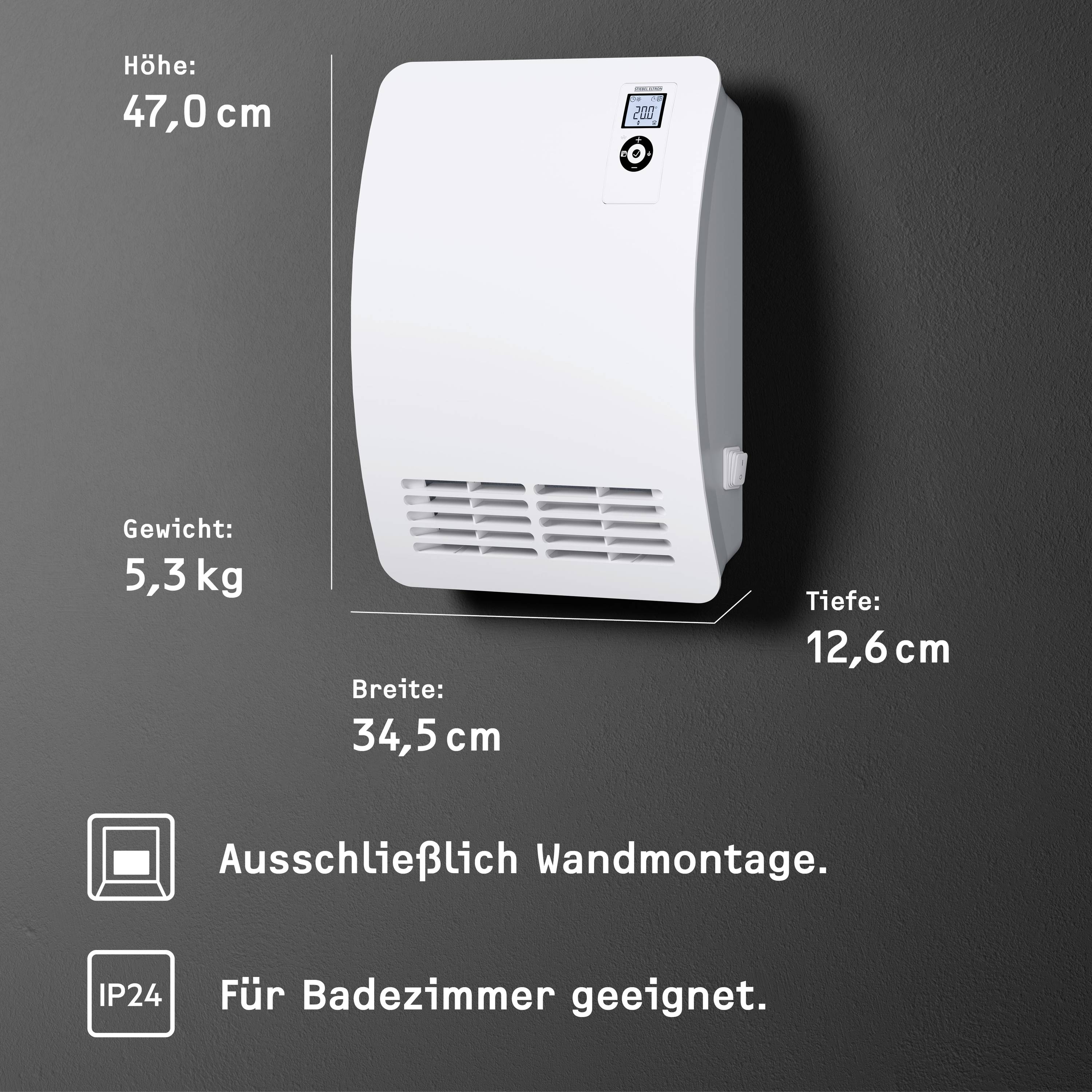 Elektryczny grzejnik wentylatorowy do montażu ściennego o wymiarach 47 cm wysokości, 34,5 cm szerokości i 12,6 cm głębokości. Waga: 5,3 kg. Odpowiedni do łazienek (IP24).