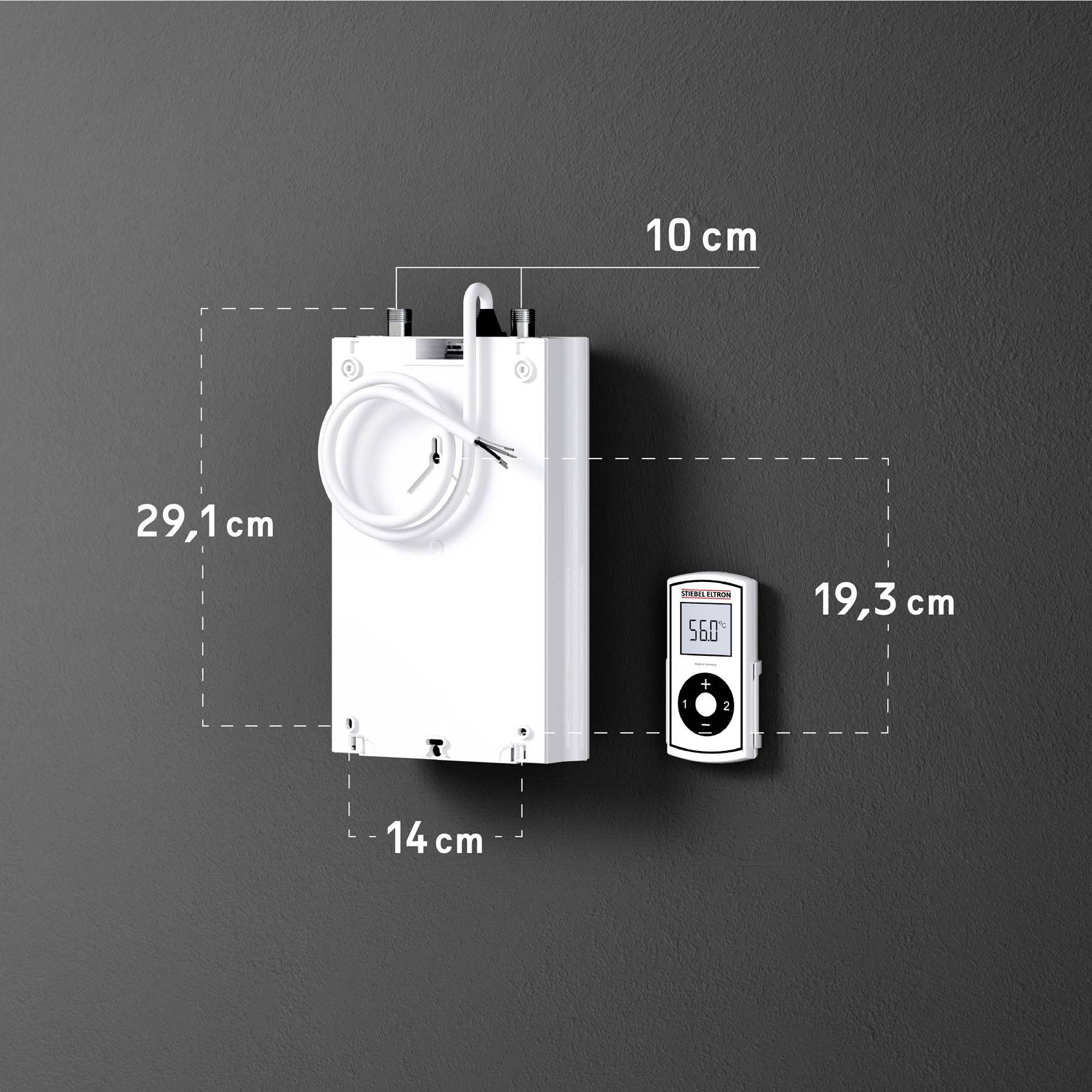 'Urządzenie do regulacji wilgotności powietrza o wymiarach: 29,1 cm wysokości, 14 cm szerokości. Pilot zdalnego sterowania obok, 19,3 cm długości.'