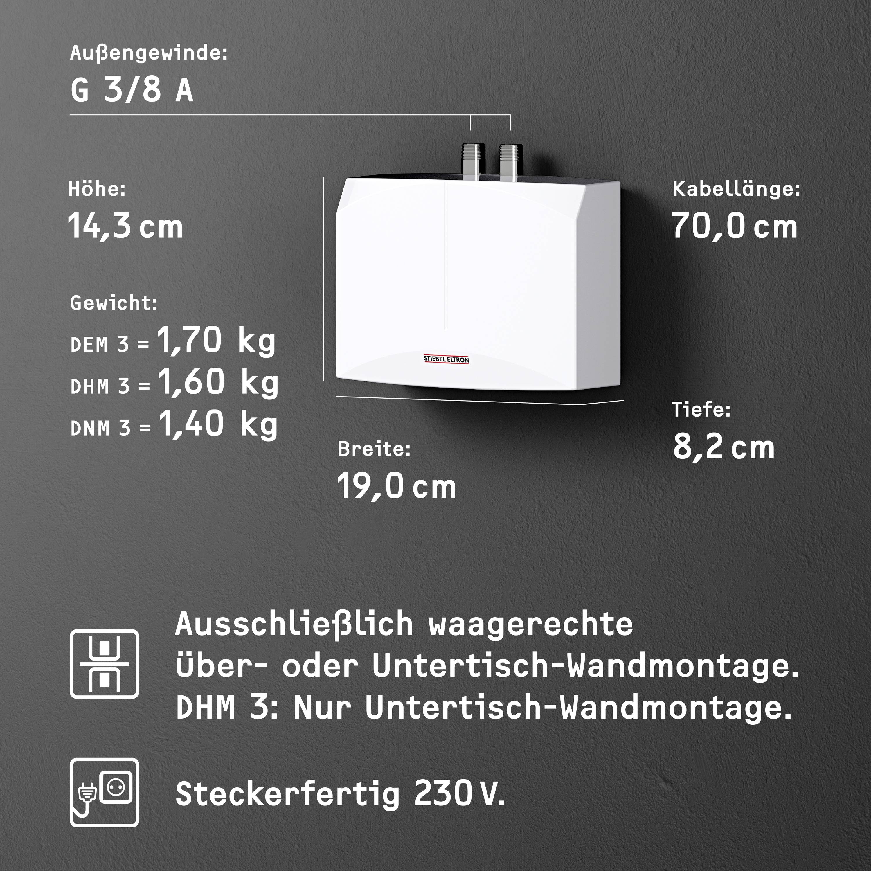 Biały przepływowy podgrzewacz wody na ścianie. Wymiary: 14,3 cm x 19,0 cm x 8,2 cm. Waga: 1,70 do 1,40 kg. Długość przewodu: 70 cm. Podłączenie 230 V.
