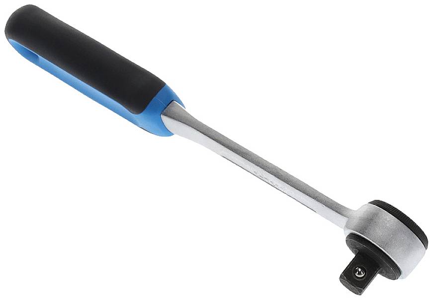 Grzechotka z czarną i niebieską rękojeścią. Służy do obracania kluczy i nasadek.