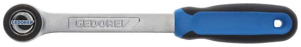 Klucz płasko-oczkowy z mechanizmem grzechotki, oznaczony na jednym końcu napisem 'GEDORE', z uchwytem w kolorze niebiesko-czarnym dla lepszego chwytu.