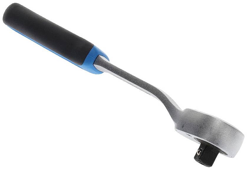 Klucz płasko-oczkowy z uchwytem w kolorze niebiesko-czarnym, stalowa głowica z kwadratowym chwytem do nasadek.