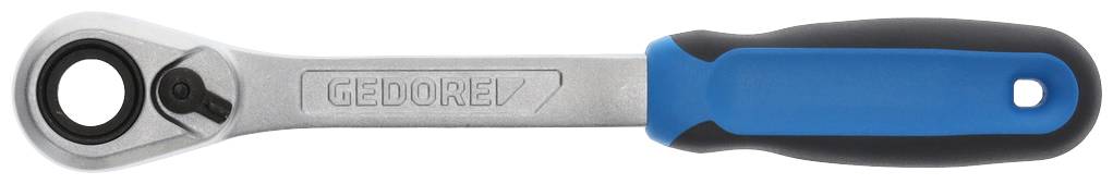 Klucz nastawny z grzechotką, wykonany z srebrnego metalu z niebiesko-czarnym uchwytem, marki Gedore. Przeznaczony do precyzyjnego dokręcania śrub.