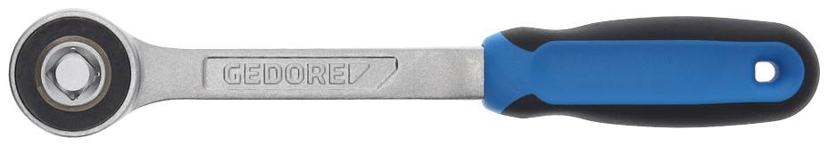 Grzechotka z niebieskim i czarnym uchwytem. Na metalowej obudowie wygrawerowany jest napis 'GEDORE'.