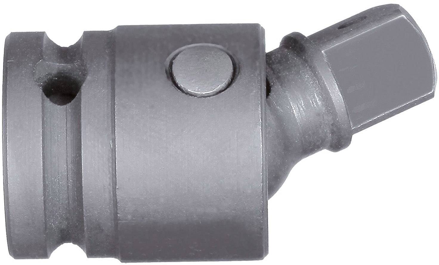 Metalowy przegub narzędziowy, prawdopodobnie adapter klucza nasadowego, przedstawiony w widoku bocznym, przeznaczony do połączeń mechanicznych.