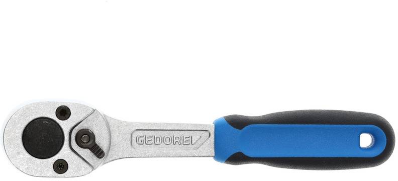 Grzechotka z uchwytem w kolorze niebiesko-czarnym i srebrną głowicą. Wytłoczone logo „Gedore" z boku. Używana do dokręcania śrub.