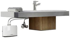 Nowoczesna szafka pod umywalkę z szarą umywalką i baterią. Poniżej znajduje się mały podgrzewacz wody.