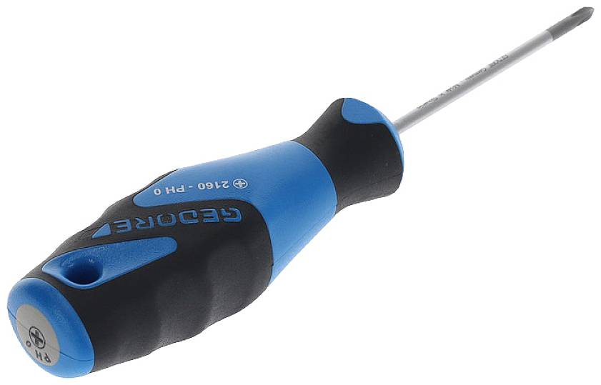 Niebieski i czarny śrubokręt z ergonomicznym uchwytem i długą, wąską metalową końcówką, przeznaczony do wkrętów krzyżowych.