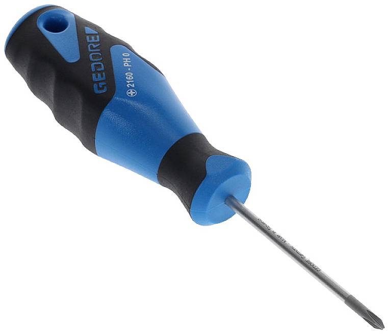 Niebieski śrubokręt z czarną rękojeścią, na której widnieje nazwa marki 'GEDORE'. Odpowiedni do wkrętów PH1.