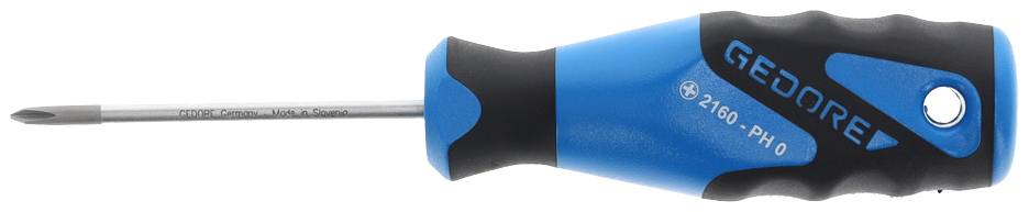Niebieski i czarny śrubokręt krzyżowy z końcówką krzyżakową, rękojeść z napisem 'GEDORE'. Odpowiedni dla śrub PH0.