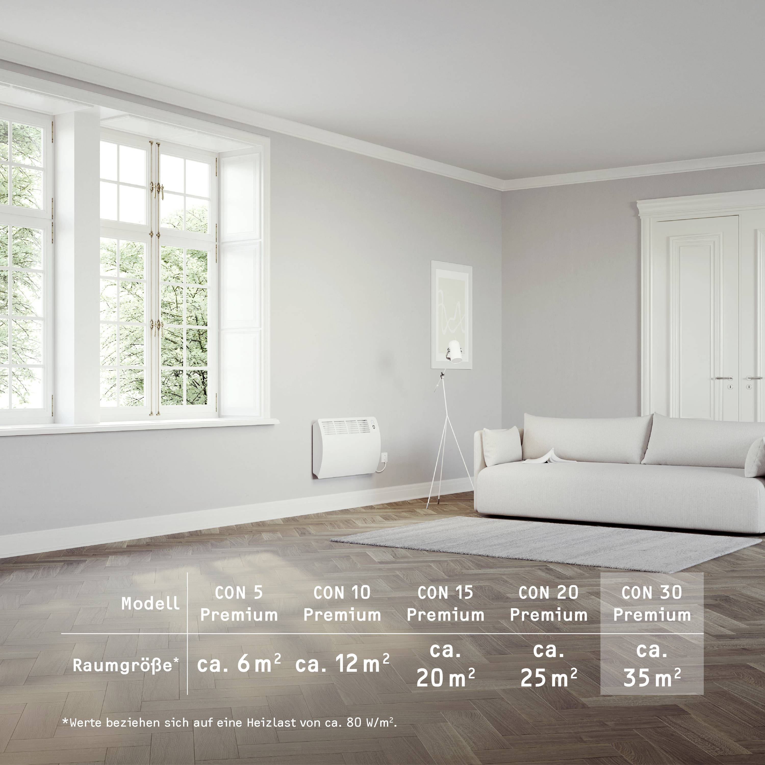 Nowoczesny salon w jasnych odcieniach. Po lewej stronie okno, pośrodku biały grzejnik, po prawej szara sofa. Tekst z modelami grzejników i informacjami o wielkości pomieszczenia.