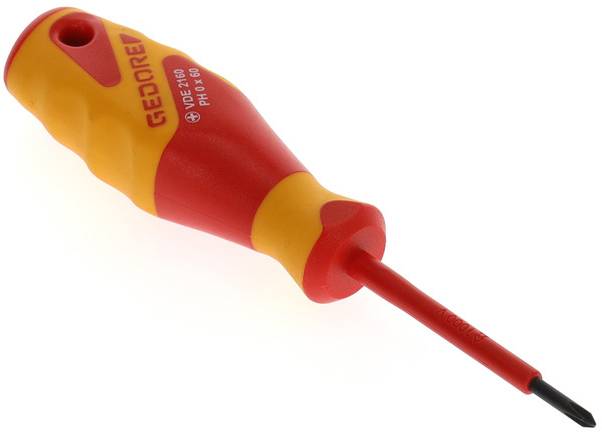 Żółto-czerwony śrubokręt z izolowanym uchwytem i prostym ostrzem, odpowiedni do użycia w instalacjach elektrycznych.