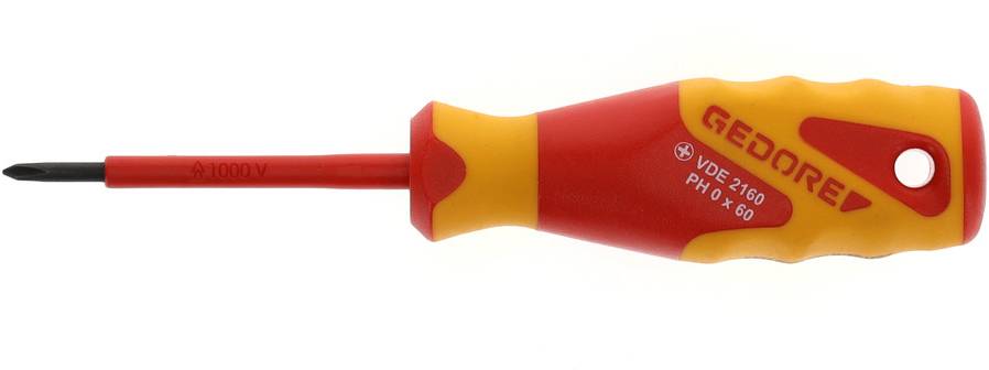 Wyizolowany wkrętak z czerwoną rękojeścią i żółtym napisem marki 'GEDORE'. Odpowiedni do prac pod napięciem do 1000V.