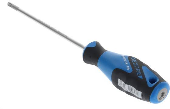 Śrubokręt z uchwytem w kolorze niebiesko-czarnym i długim metalowym ostrzem, przeznaczony do wkręcania i wykręcania śrub Torx. Odpowiedni do prac rzemieślniczych.