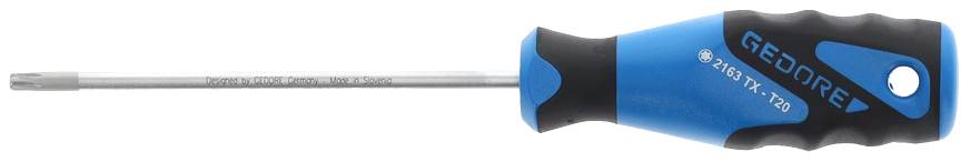 Niebieski i czarny wkrętak z końcówką Torx. Uchwyt jest ergonomicznie zaprojektowany. Marka to 'Gedore'.