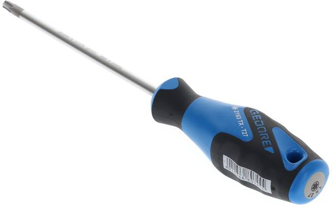 Niebieski wkrętak z ergonomicznym czarnym uchwytem. Widoczny napis 'GEDORE' oraz '3165 TX T27', przeznaczony do wkrętów Torx.