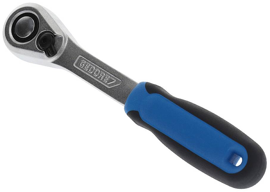 Grzechotka z ergonomicznym niebieskim uchwytem i srebrną metalową głowicą. Używana do szybkiego odkręcania lub dokręcania śrub lub nakrętek.