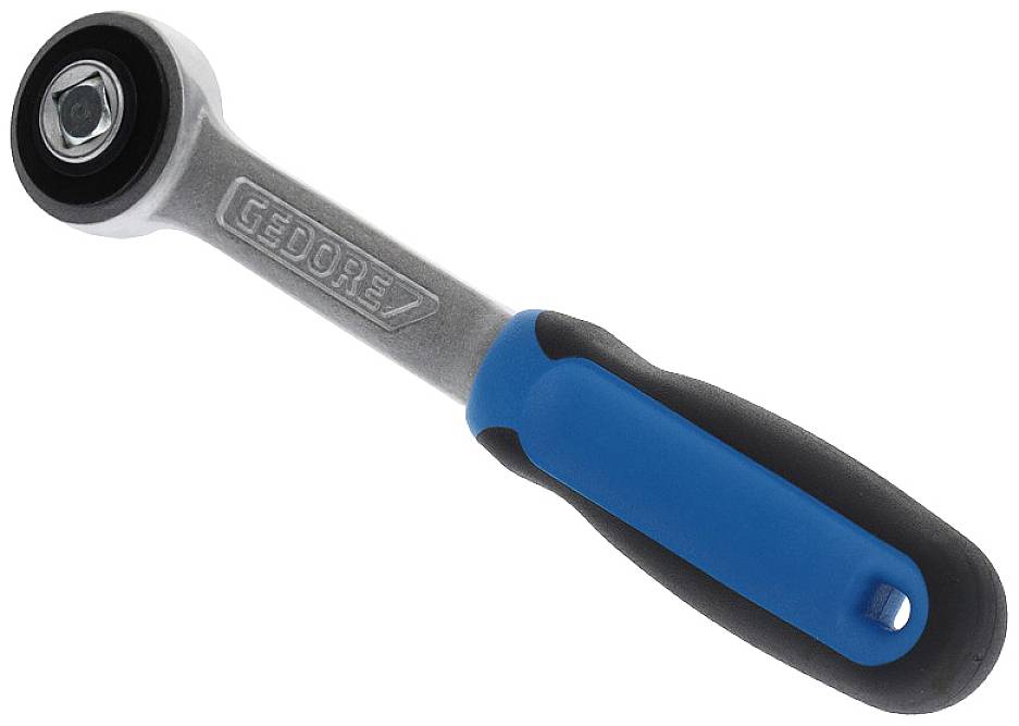 Niebieski uchwyt klucza z czarną antypoślizgową powierzchnią i charakterystycznym logo 'GEBRUDER' na trzonku.