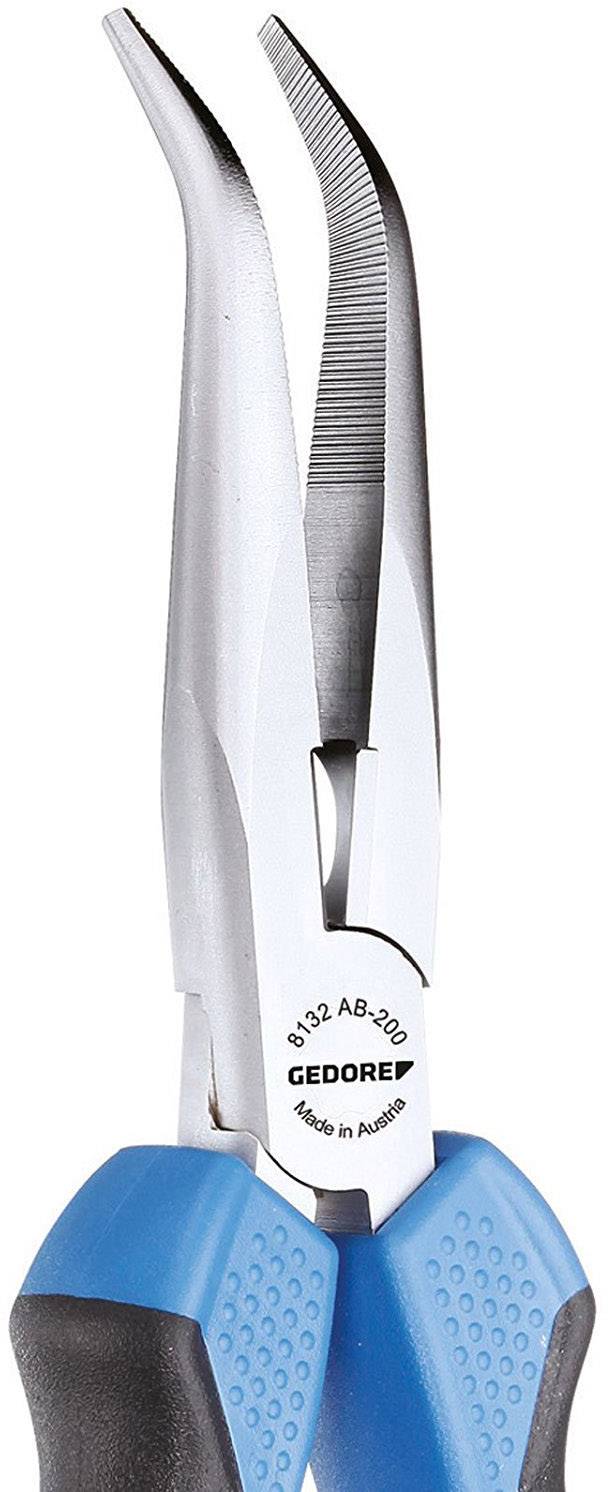 Szczypce špiczaste z wygiętymi końcówkami, z niebieskimi uchwytami i zakrzywionymi szczękami.