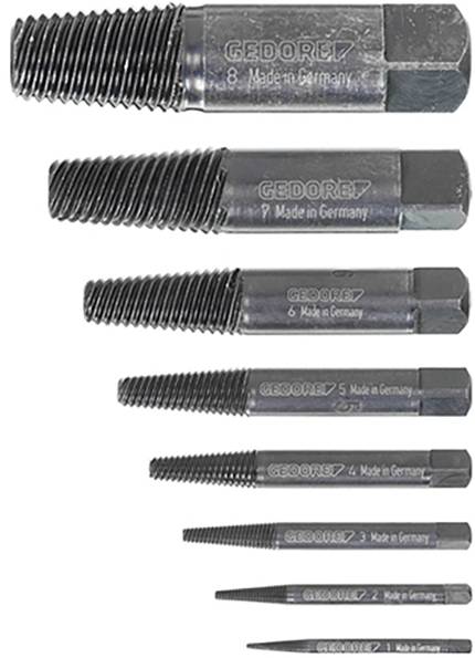Zestaw ośmiu metalowych wyciągaczy do śrub o różnych rozmiarach, oznaczonych napisami 'GEDORE' i 'Made in Germany'. Są ułożone od największego do najmniejszego.